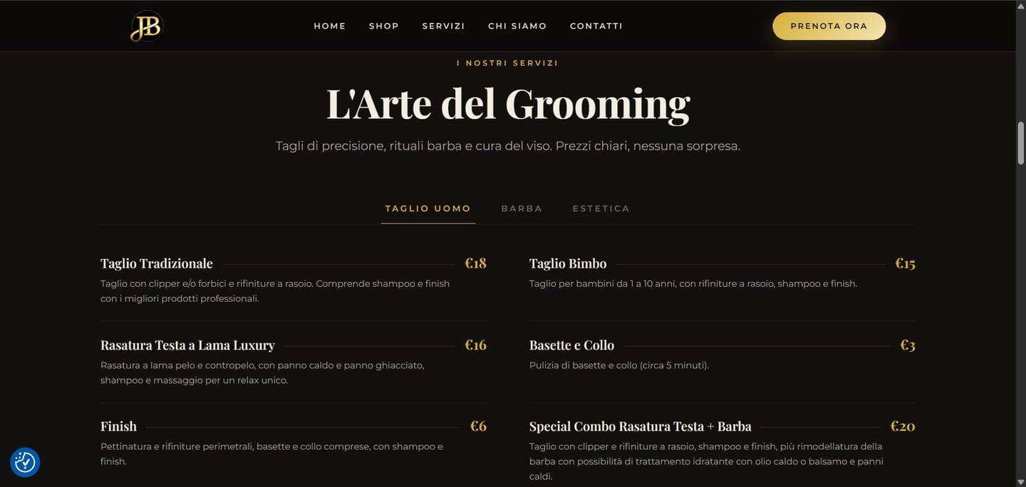 The service menu, with booking on WhatsApp.