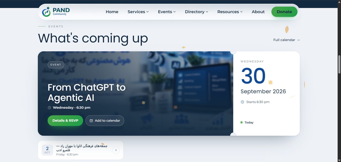 The events calendar on the home page: the next event, the date, and RSVP in one tap.