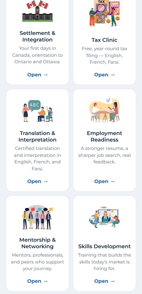 The services on a phone: one card each, one tap to open.