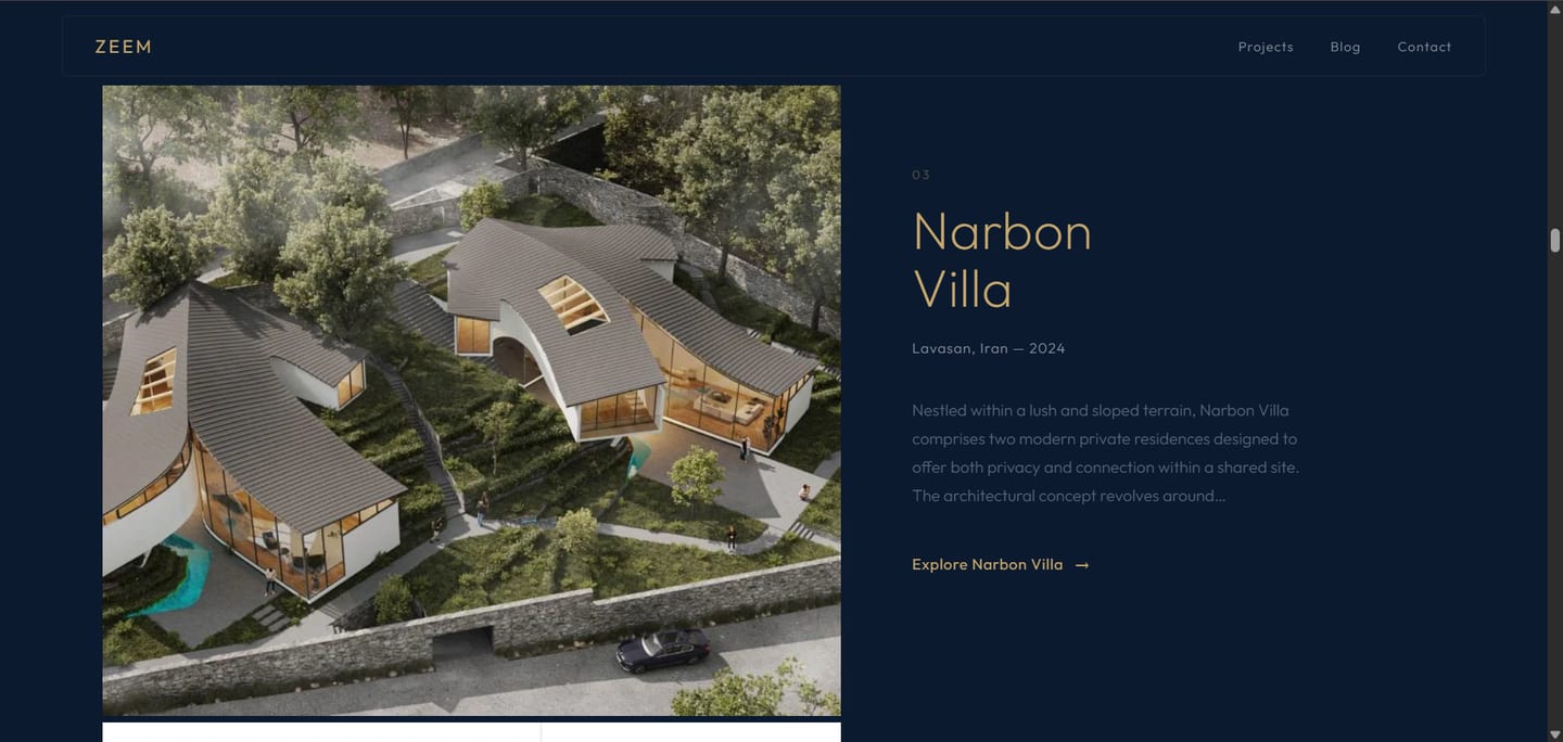 The projects: a page for each, with full-width renderings.